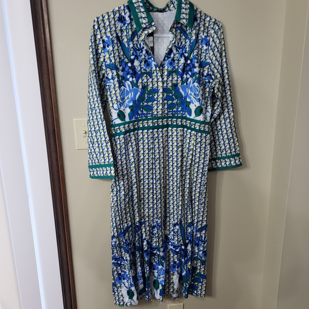 Blue & Green Floral Long Sleeve Collared Midi Dress
